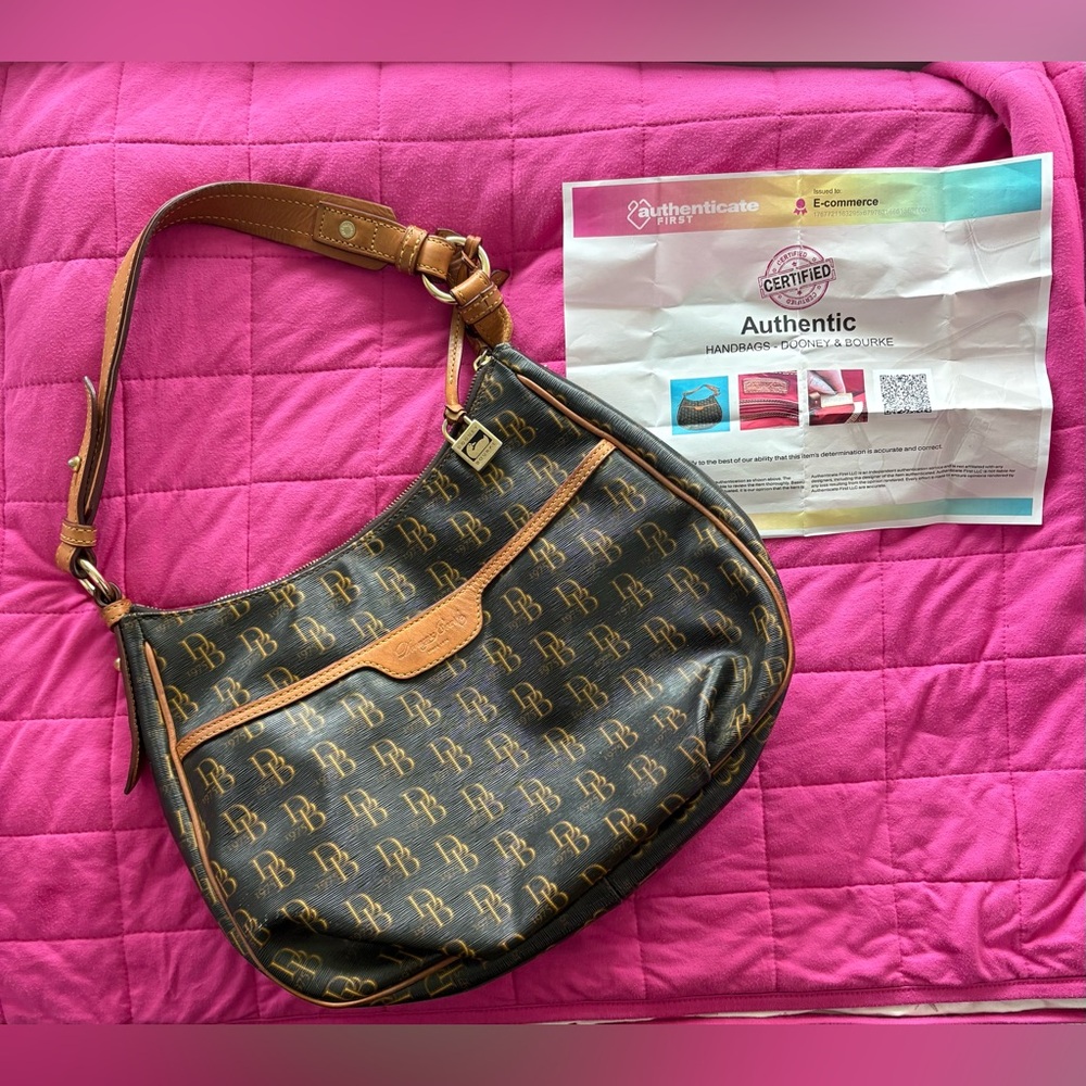 Dooney & Bourke Collins Hobo Bag Brown DB Monogram Shoulder Bag Leather Trim